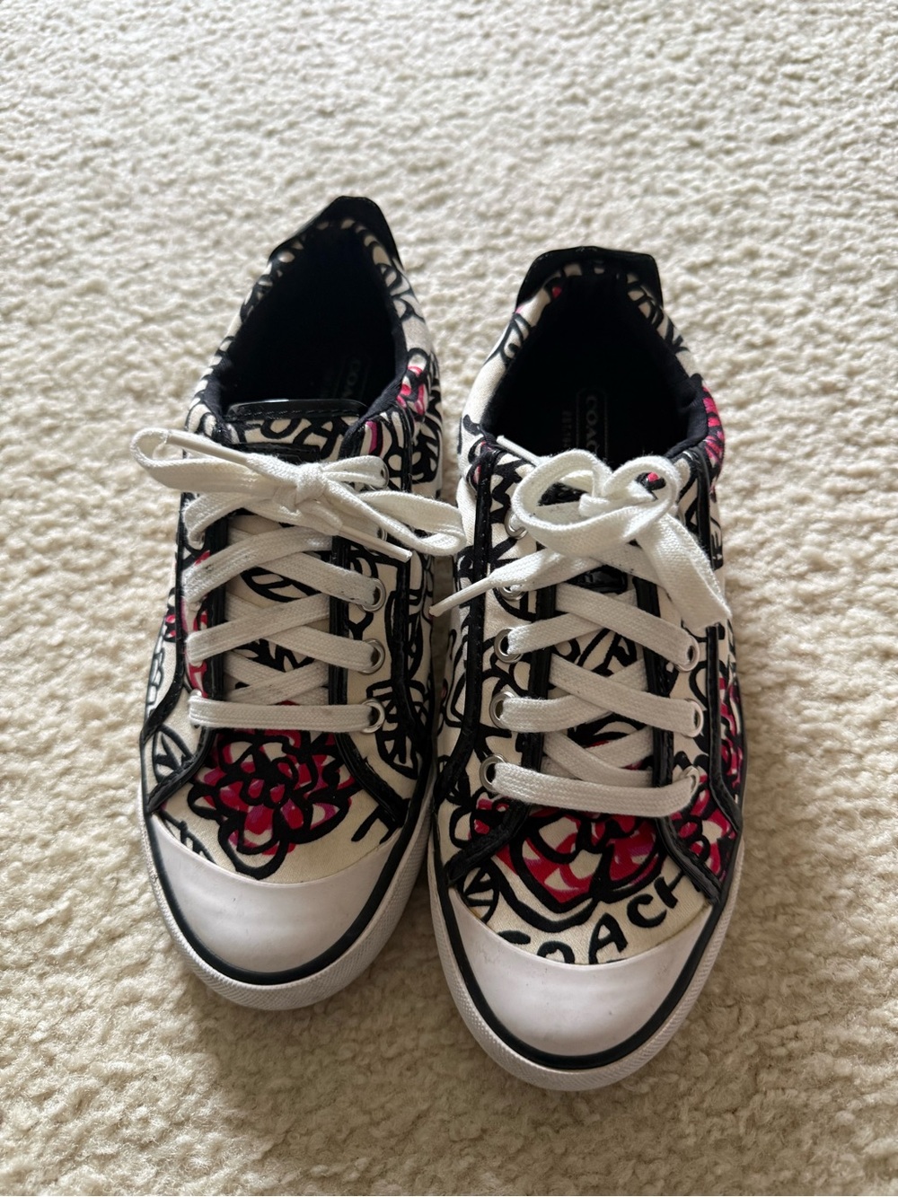 Coach White, Black and Pink Graphic Lace-Up Kids Sneakers